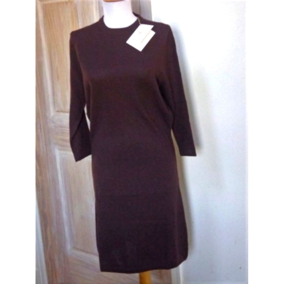NWT BERKLEY CASHMERE Dark Brown Heather 100% Cashmere Round Neck Dress Size S - Picture 2 of 9